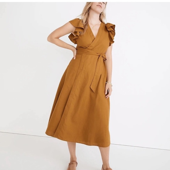 MADEWELL Linen-Blend Ruffle-Sleeve Wrap Midi Dress Cotton - Picture 3 of 10